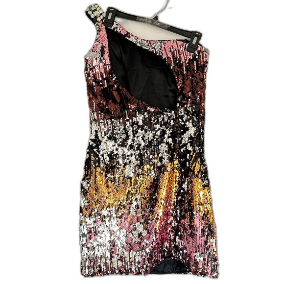 EMOTION Design Sequin One Shoulder Sparkle Gem Mini Cocktail Dress Size Medium - Picture 4 of 16